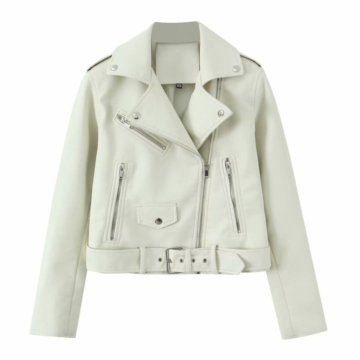 Women's robust fitted biker jacket made of faux leather with asymmetrical zipper and waist belt Mune Fashion