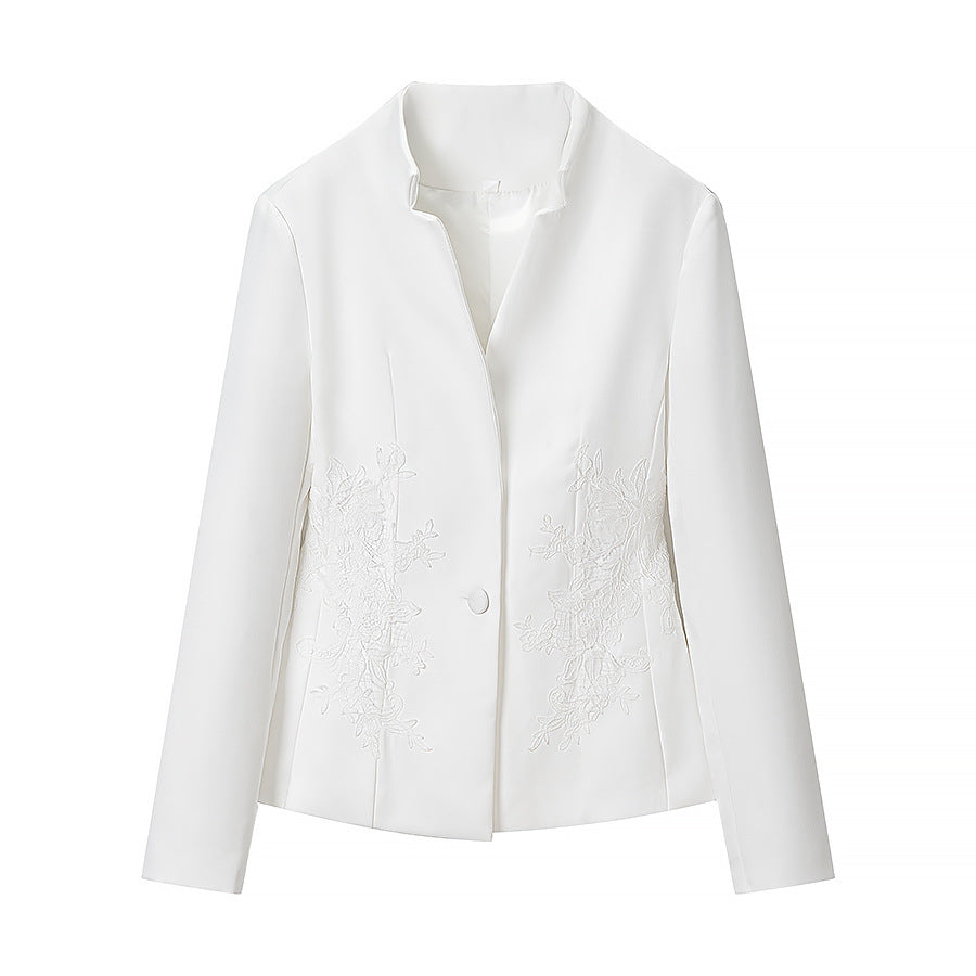 Women Tailored Single-Breasted Blazer with Stand Collar and Deep V-Neck Mune Fashion