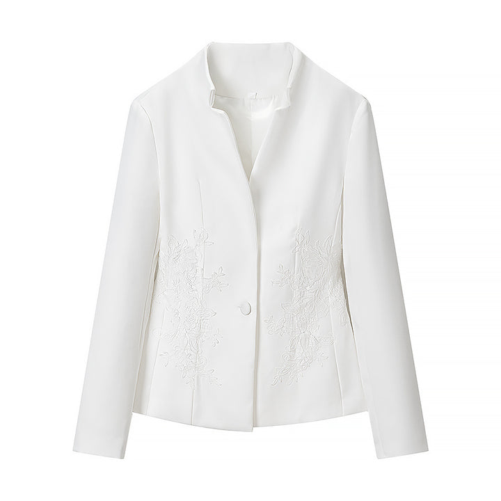 Women Tailored Single-Breasted Blazer with Stand Collar and Deep V-Neck Mune Fashion