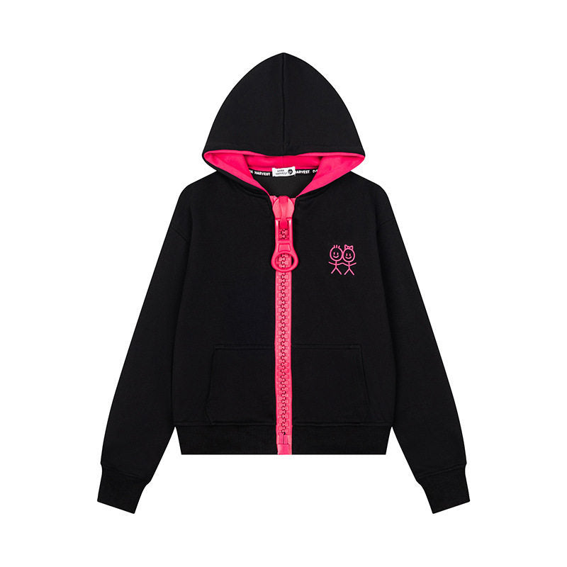 Women's Hoodie Sweat Jacket with Oversized Zipper and Minimalist Embroidery Mune Fashion