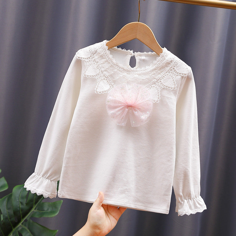 Girls long sleeve shirt with cute lace trim and bow decor Mune Fashion