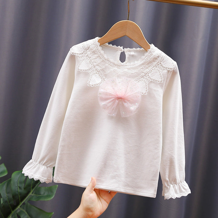 Girls long sleeve shirt with cute lace trim and bow decor Mune Fashion
