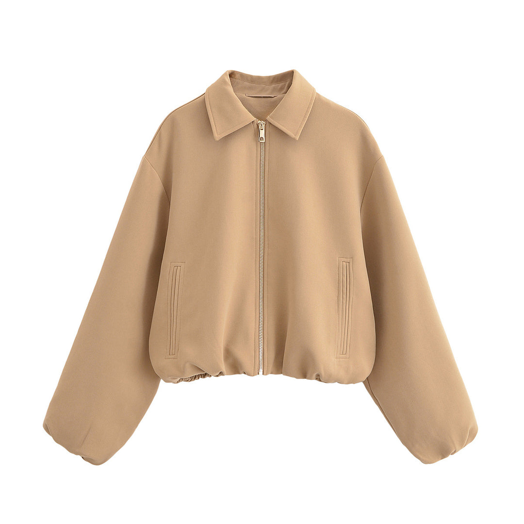 Women's Cropped Bomber Jacket with Balloon Sleeves, Stand Collar and Elastic Hem Mune Fashion