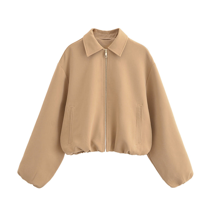 Women's Cropped Bomber Jacket with Balloon Sleeves, Stand Collar and Elastic Hem Mune Fashion
