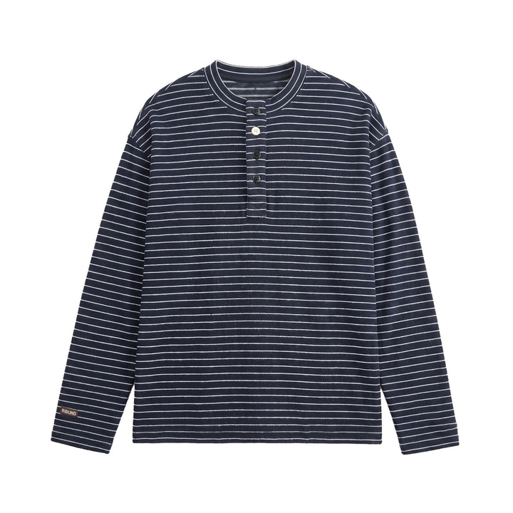 Men's Fine Knit Henley Shirt with Short Button Placket and Horizontal Stripe Pattern Mune Fashion