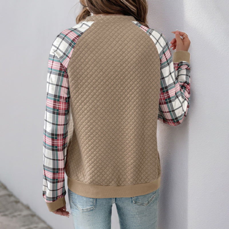 Women’s quilted pullover with half zip and checked raglan sleeves Mune Fashion