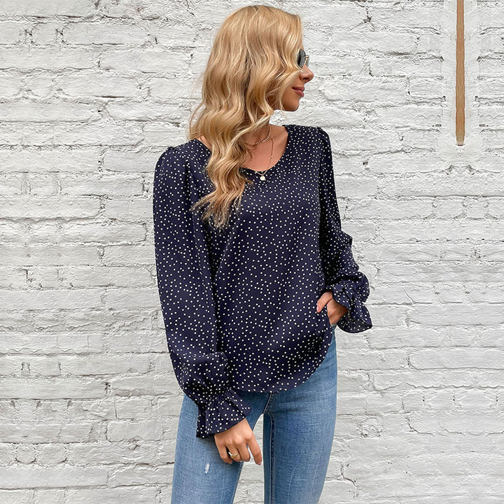Women's Polka Dot Viscose Blouse with Balloon Sleeves and Ruffle Hem Mune Fashion