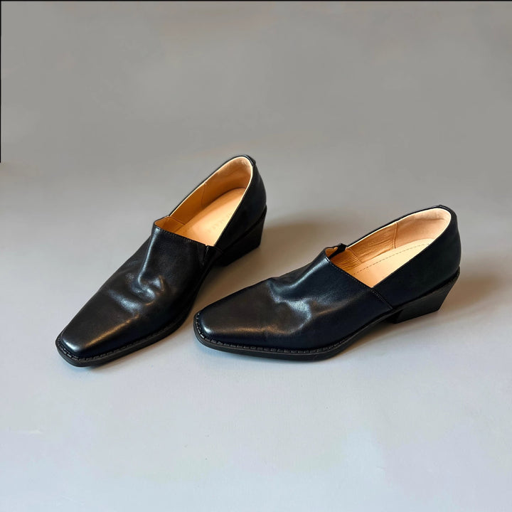 Women's Elegant Slip-on Loafer with Square Toe Cap and Mid-High Block Heel Mune Fashion