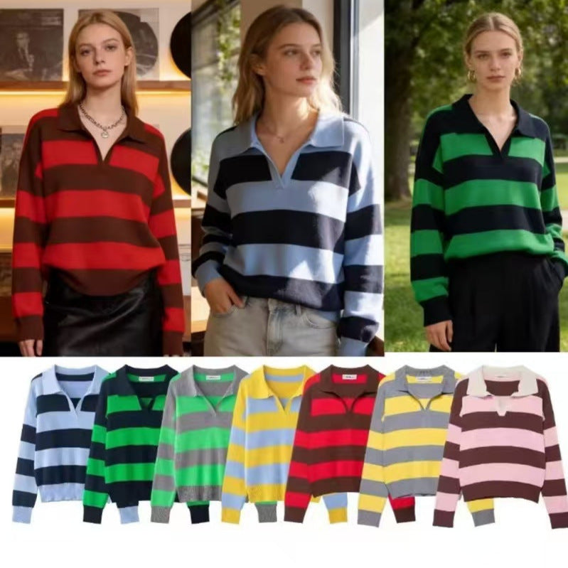 Women's striped rugby pullover with polo collar, V-neck and extended ribbed cuffs Mune Fashion
