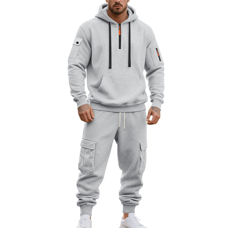 Men's two-piece utility casual set hoodie with half-high zipper, arm pocket, and cargo jogging pants with flap pockets Mune Fashion