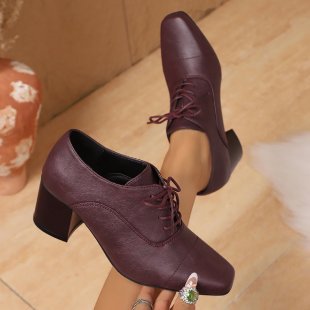 Women Elegant Lace-up Pumps with Square Toe and Mid-high Block Heel Mune Fashion