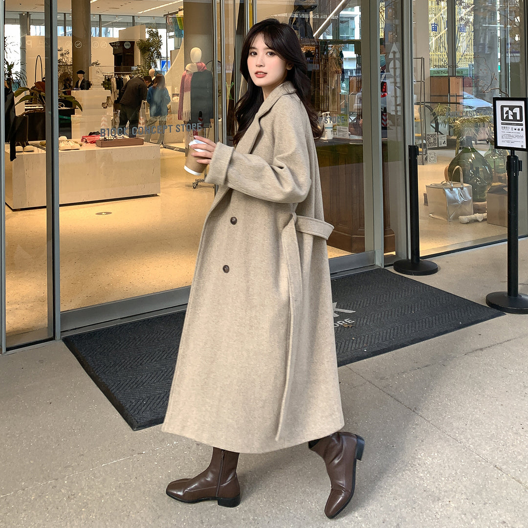 Women's Long Cut Wool Mix Trench Coat with Waistband and Boxy Shoulder Area Mune Fashion