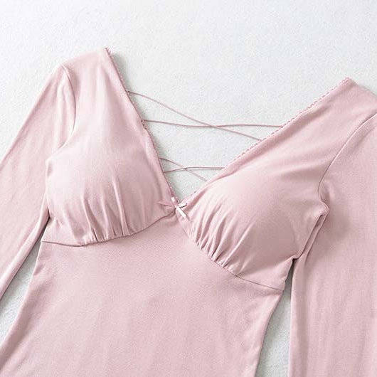 Women's Figure-Hugging Long Sleeve Top with Deep V-Neck, Crossed Spaghetti Straps and Lace Edge