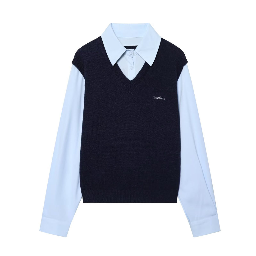 Ladies Layered Look Shirt with V-Neck Knit Vest Mune Fashion