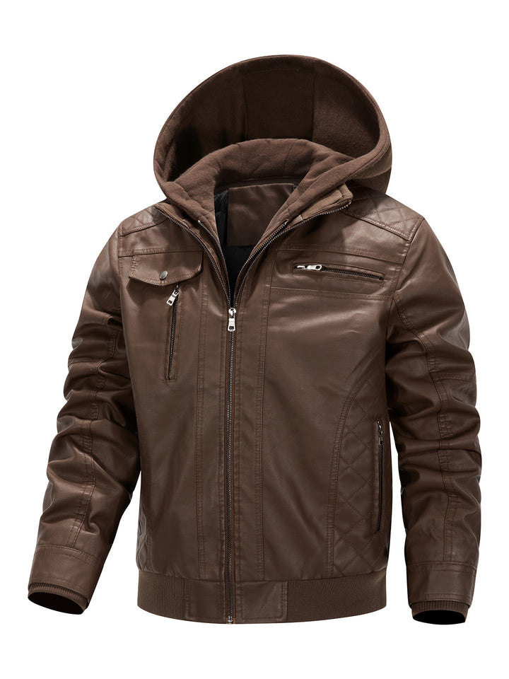 Men's Faux Leather Biker Jacket with Removable Hood Panel and Quilted Side Panels Mune Fashion