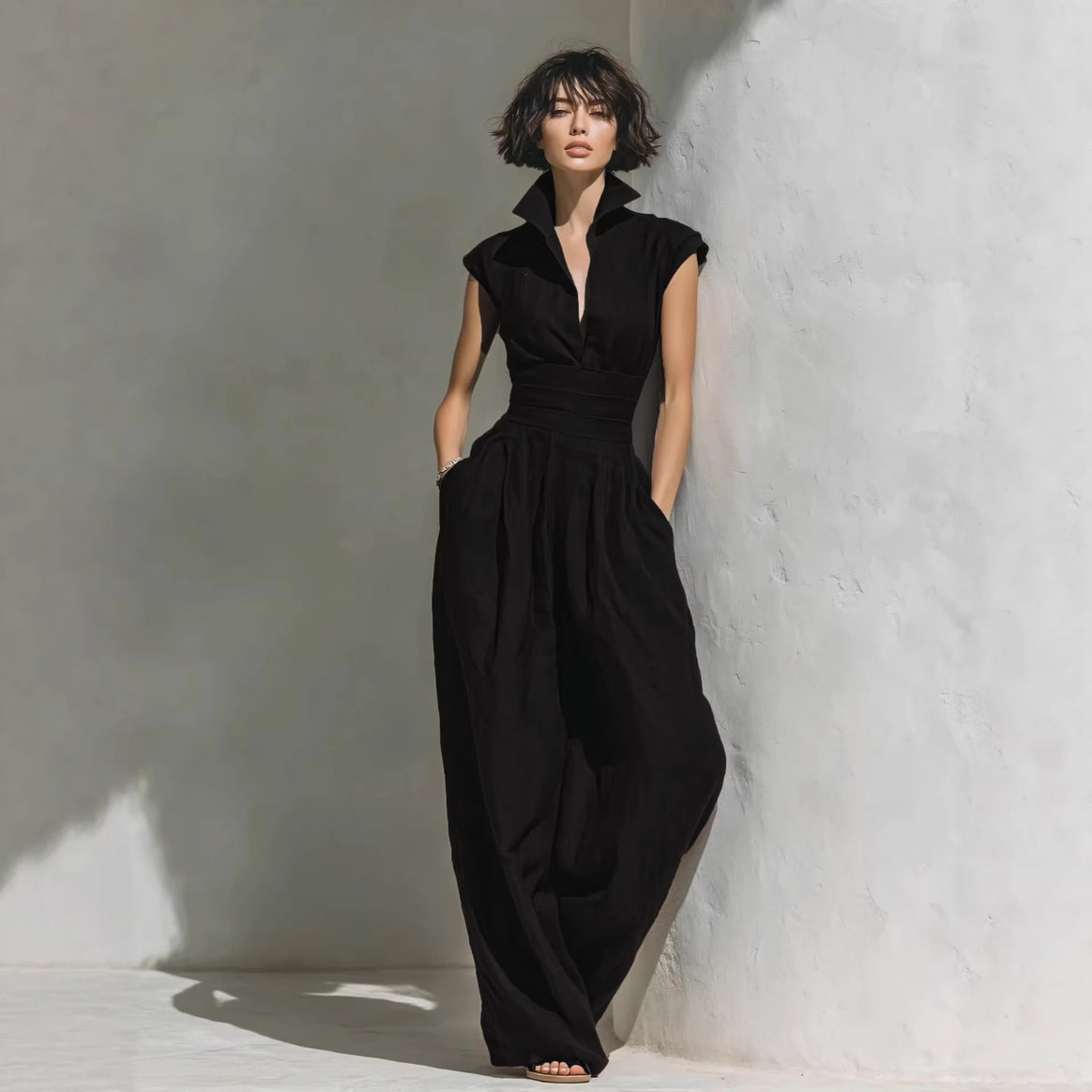 Women's jumpsuit with wide leg, tailored wrap waistband and standing collar Mune Fashion