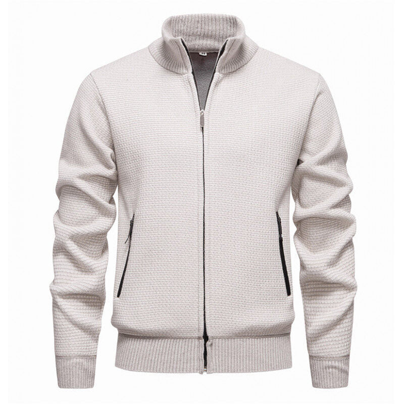 Men's Textured Zip Knit Cardigan with Stand Collar, Waffle Texture and Zipper Pockets Mune Fashion