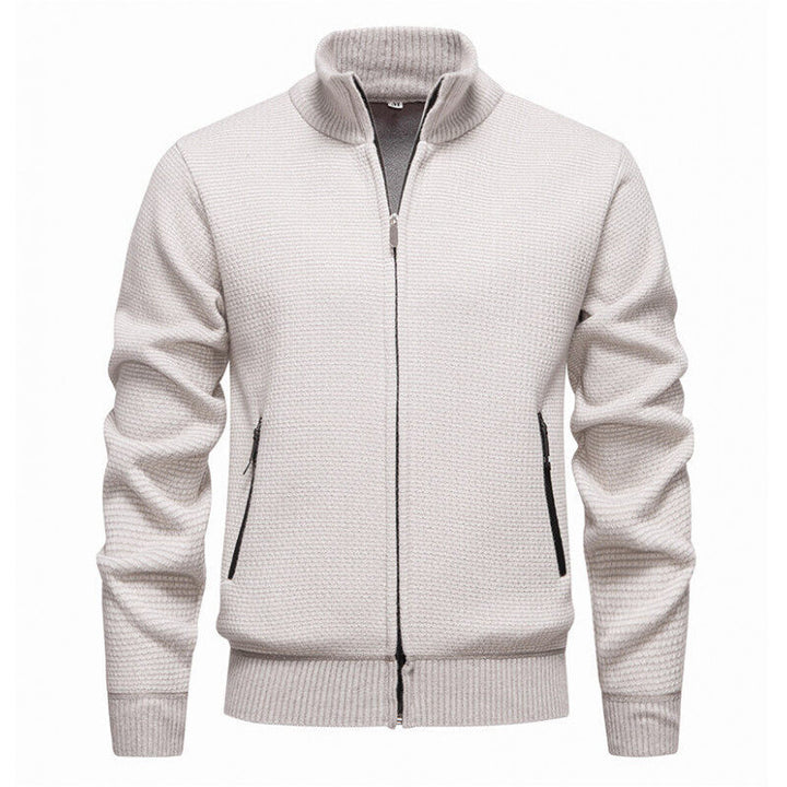 Men's Textured Zip Knit Cardigan with Stand Collar, Waffle Texture and Zipper Pockets Mune Fashion