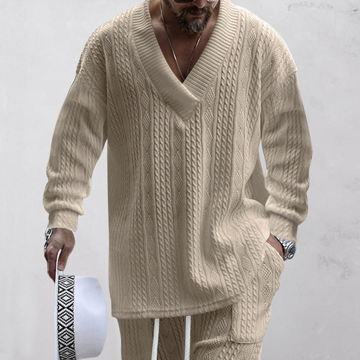 Men's oversized cable knit V-neck sweater with relaxed pants set Mune Fashion