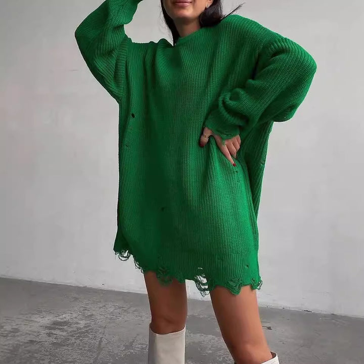 Women Oversized Knitted Dress with Destroyed Hem and Balloon Sleeves Mune Fashion