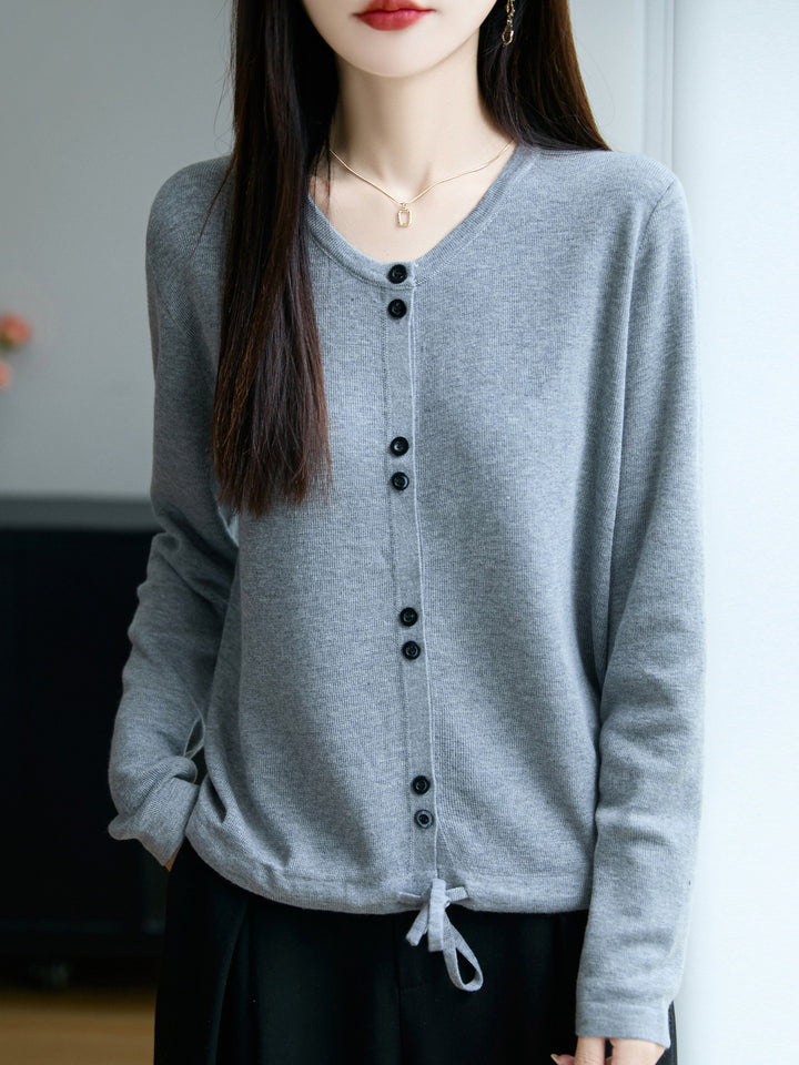 Women Lightweight Fine Knit Button Placket Cardigan with Round Neck Mune Fashion