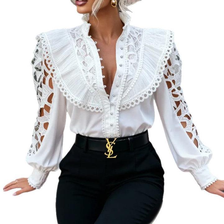 Women’s Victorian-inspired lace blouse with oversized ruffled collar, pearl button placket, and openwork sleeves Mune Fashion