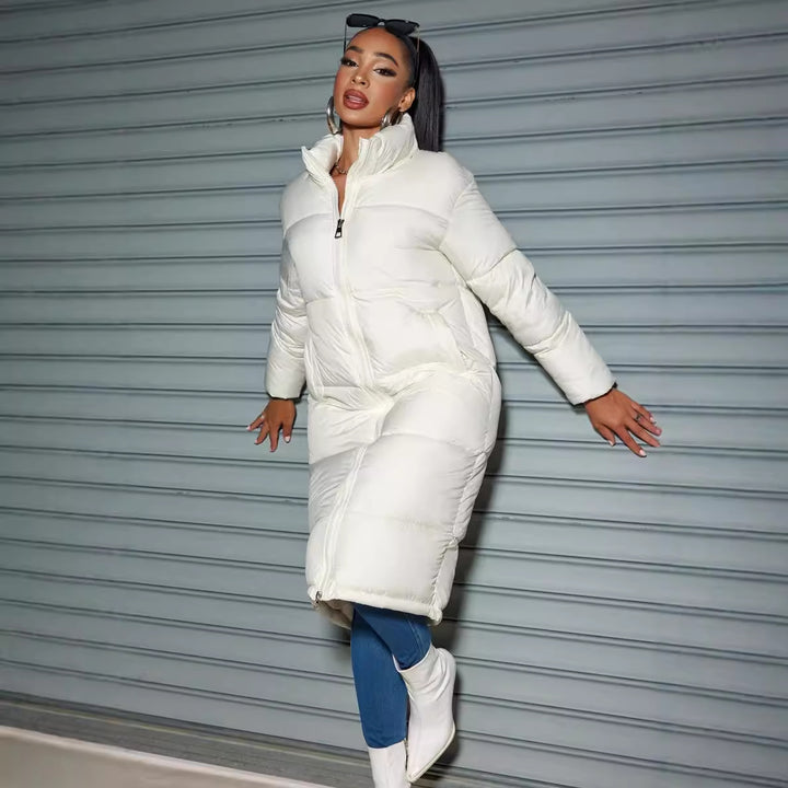 Women's Longer Quilted Puffer Coat with High Stand Collar Mune Fashion