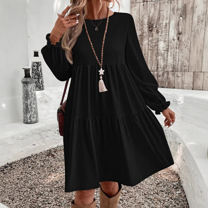Women Loose Midi Dress in Tiered Look with Gathered Waist Yoke and Ruffle Cuffs Mune Fashion