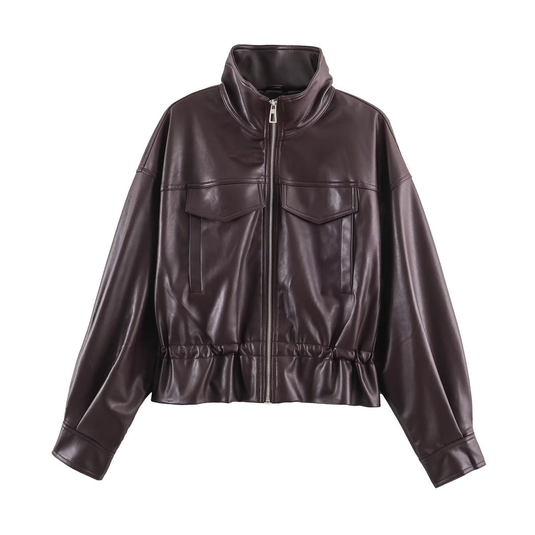 Women Short Oversize Faux Leather Bomber with Stand-Up Collar, Patch Pockets and Drawstring Drune