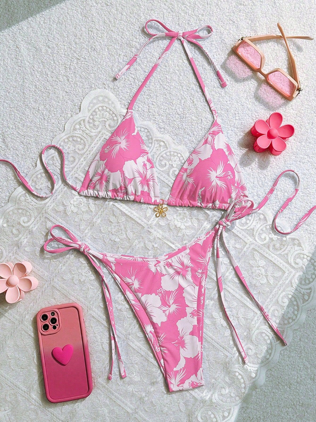 Women's triangle bikini with floral accents and intricate ties Mune Fashion