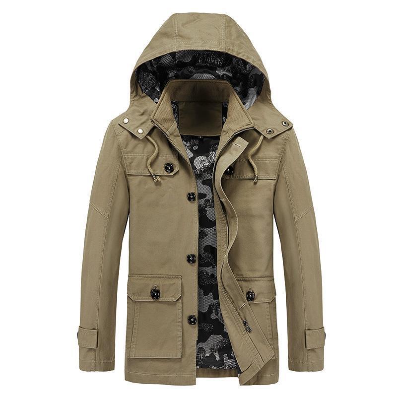 Men's mid-length canvas field jacket with hood, cargo pockets and camouflage lining Mune Fashion