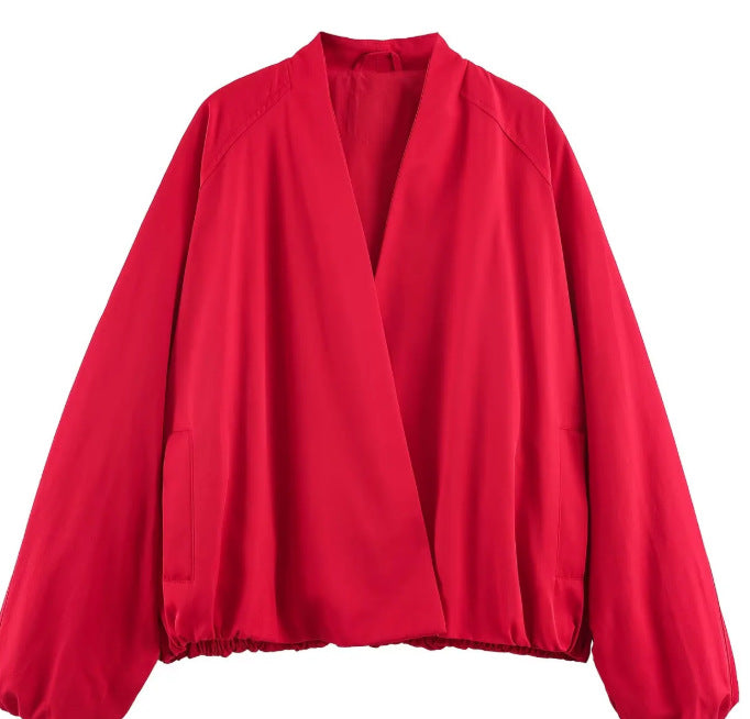 Women Short Blouson made of Artificial Leather with Double-Breasted Button Placket and Shoulder Cape Mune Fashion