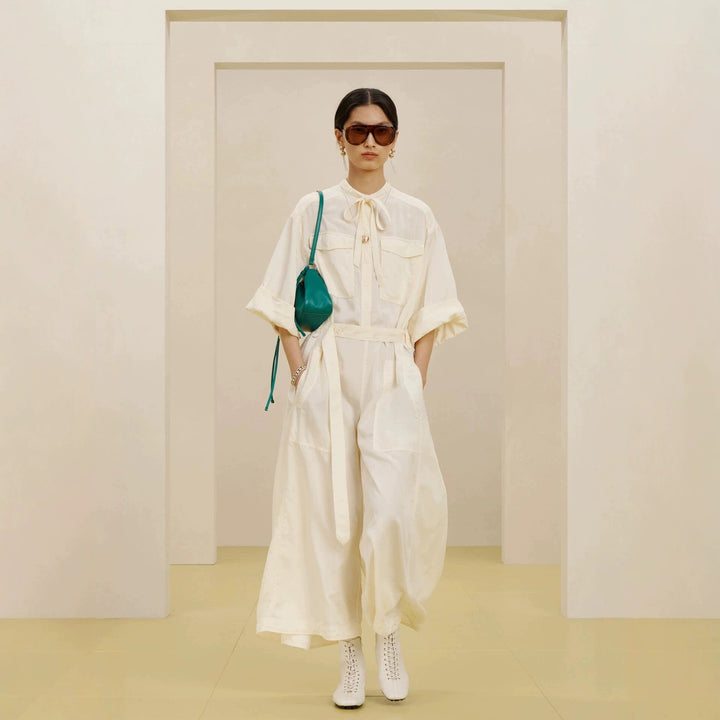 Women’s Longer Utility Jumpsuit with Shirt Collar and Tie Belt Mune Fashion