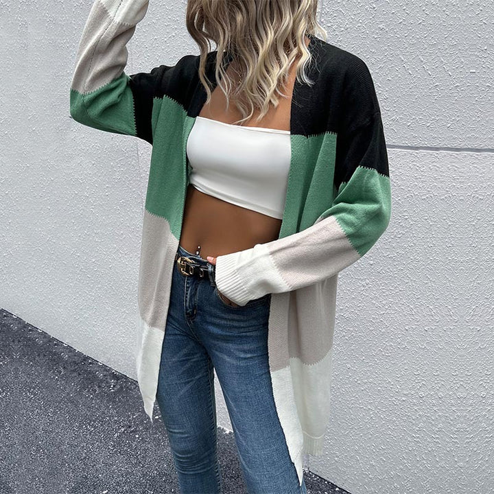 Women's Longline Knit Cardigan with Color Block Pattern, Open Front and Casual Oversized Fit Mune Fashion