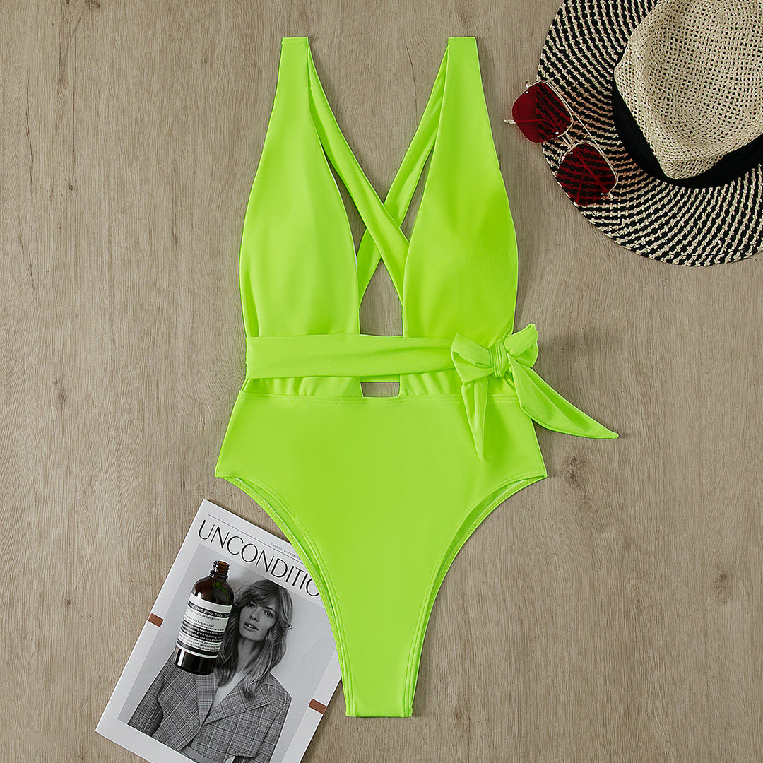 Women’s Sporty One-Piece Swimsuit with Cross-Back and Tie Belt Mune Fashion