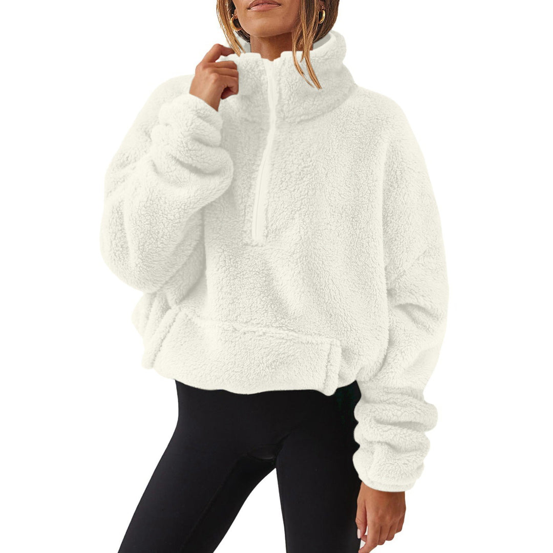 Women’s Oversize Half-Zip Teddy Fleece Pullover with Kangaroo Pocket and High Stand Collar Mune Fashion