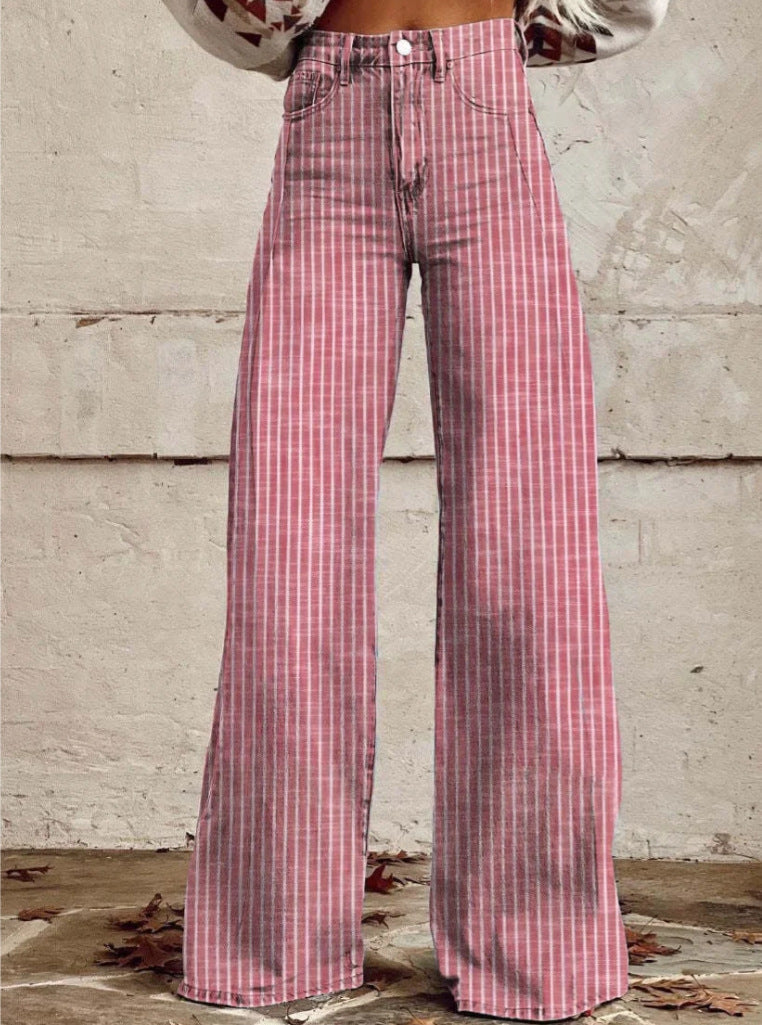 Women's wide trousers with a high waistband in linen look and vertical pinstripes flared trousers Mune Fashion