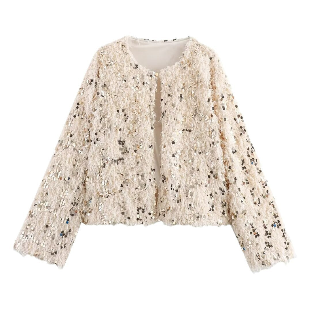 Women's Cropped Jacket made of fluffy Faux Fur with sequin trim Mune Fashion