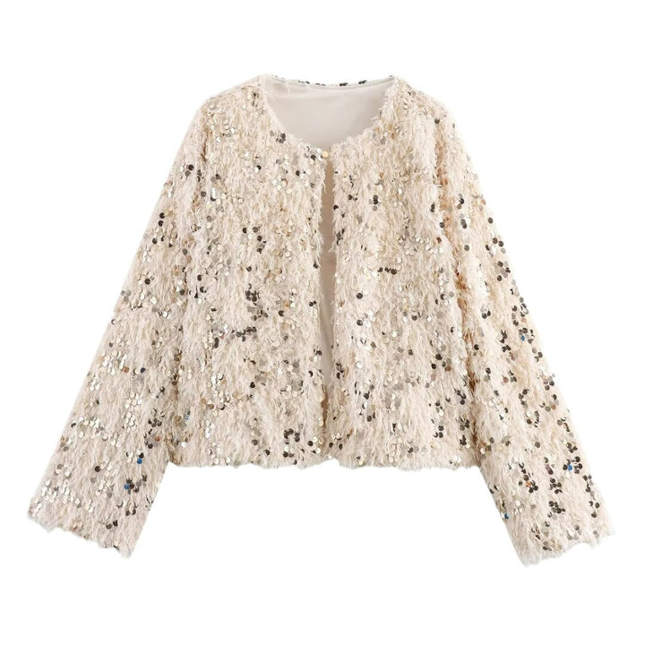 Women's Cropped Jacket made of fluffy Faux Fur with sequin trim Mune Fashion