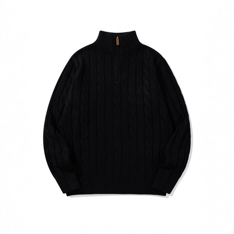 Unisex Coarse Knitted Half-Zip Cable Pattern Sweater with Stand-Up Collar and Ribbed Edges Mune Fashion