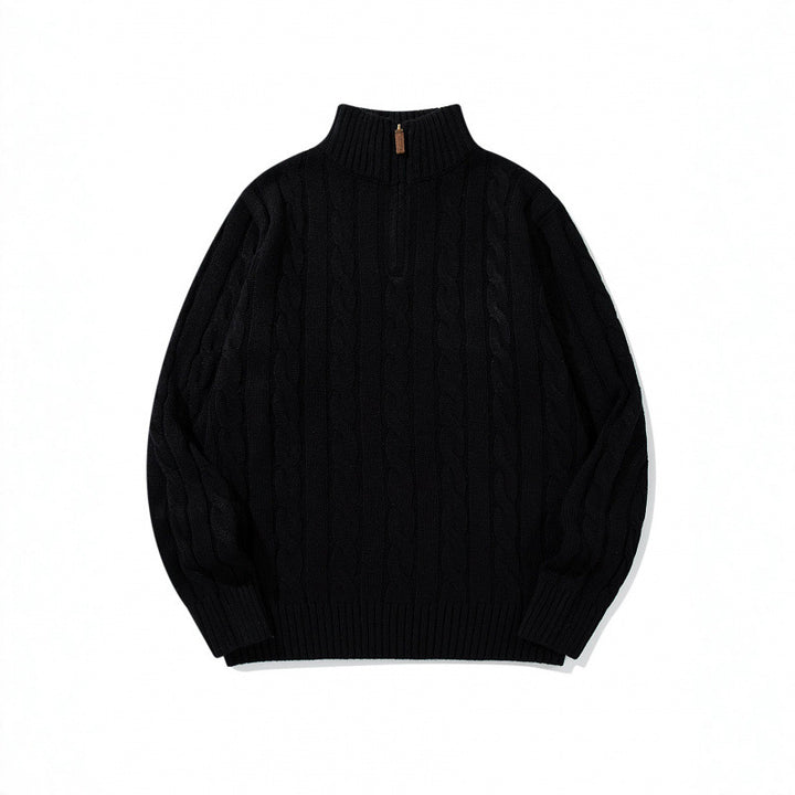 Unisex Coarse Knitted Half-Zip Cable Pattern Sweater with Stand-Up Collar and Ribbed Edges Mune Fashion