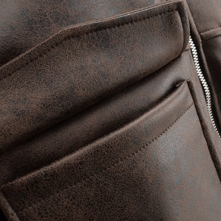 Women Cropped Bomber Jacket in Vintage Leather Look with Large Flap Pockets Mune Fashion