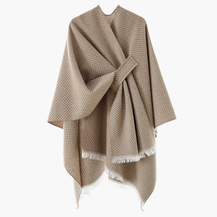 Women's Reversible Wool Mix Poncho with Houndstooth Jacquard and Ties Belt Mune Fashion