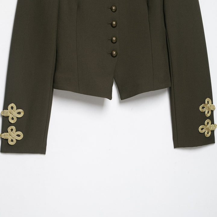 Women's Cropped Military Jacket with Stand-up Collar, Gold Shoulder Cord and Decorative Button Placket Mune Fashion
