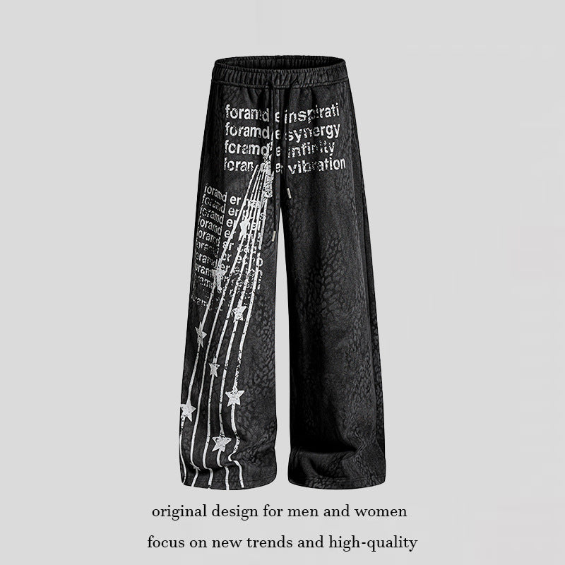 Women's Wide Palazzo Jogging Pants with Drawstring Waist, Statement Print and Vintage Wash Mune Fashion