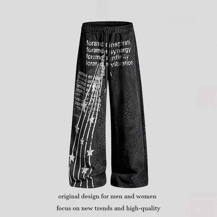Women's Wide Palazzo Jogging Pants with Drawstring Waist, Statement Print and Vintage Wash Mune Fashion