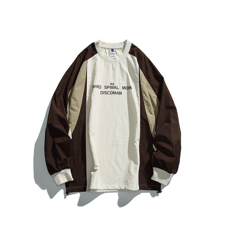 Unisex Loose Fit Colorblock Long Sleeve Shirt made of Lightweight Nylon Blend with Raglan Sleeves and Chest Print Mune Fashion