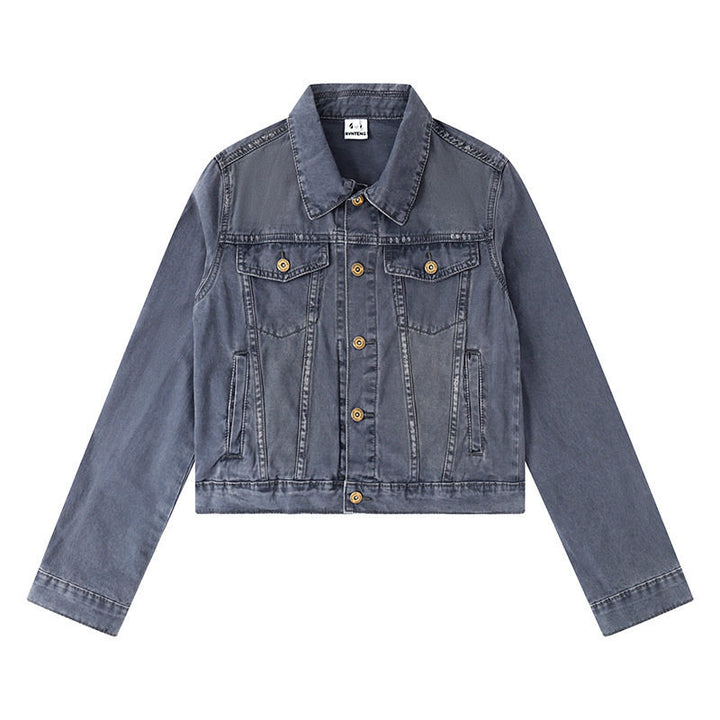 Women's Short Denim Jacket in Vintage Style with Button Placket, Chest Pockets and Fitted Cut Mune Fashion