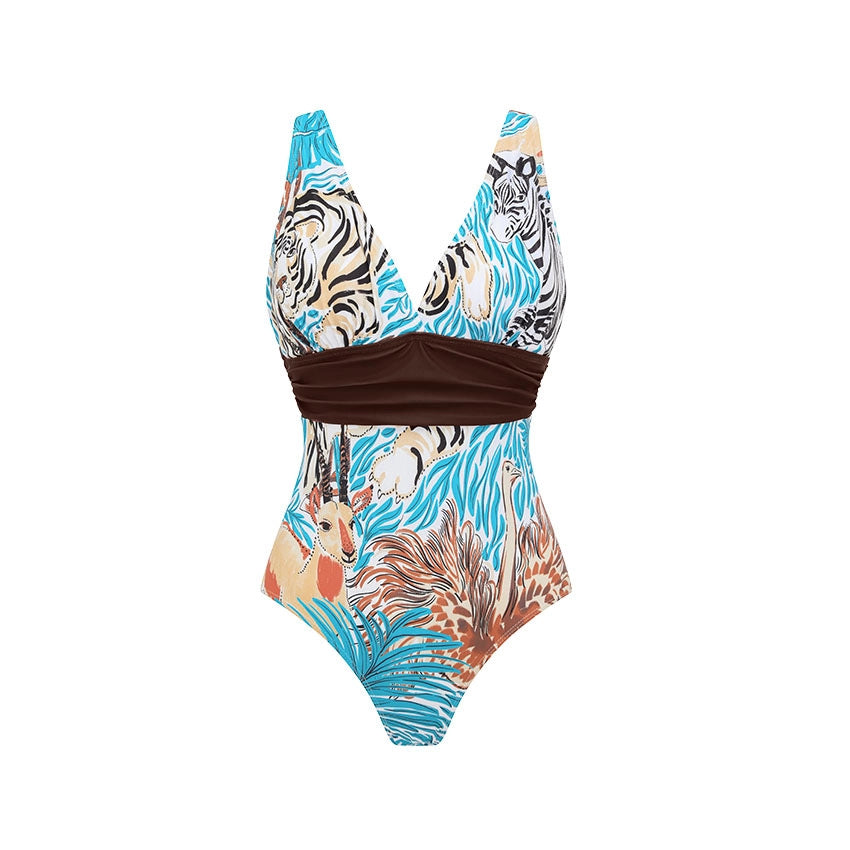 Women's One-Piece Swimsuit with Animal Print and Elegant Waistline Mune Fashion