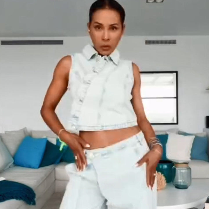 Women's Cropped Sleeveless Denim Set with Tailored Vest & Wide High-Waist Pants Mune Fashion